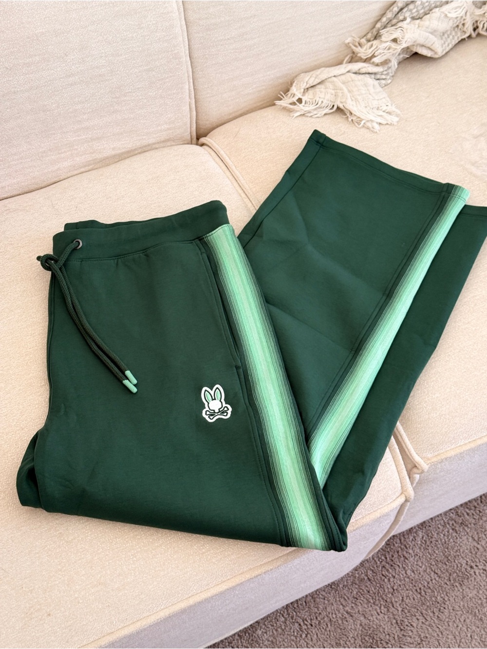 Psycho Bunny Dark Green Sweatpants with Light Green Side Stripes